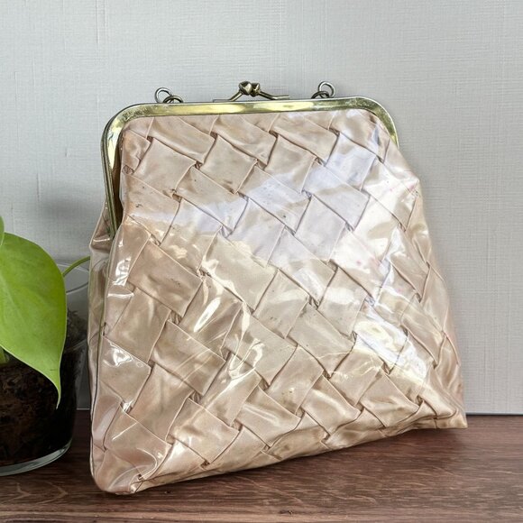 Vintage 1950s Woven Satin Handbag With Vinyl Overlay Chain Handle Gold - Picture 7 of 14